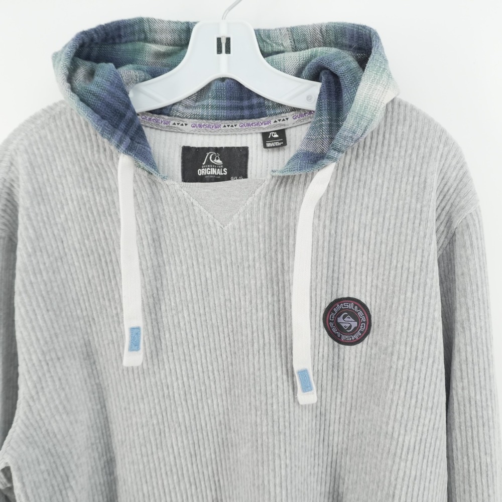 Quiksilver Hoodie Mens Large Gray Corduroy Ribbed Plaid Lined Hood Originals